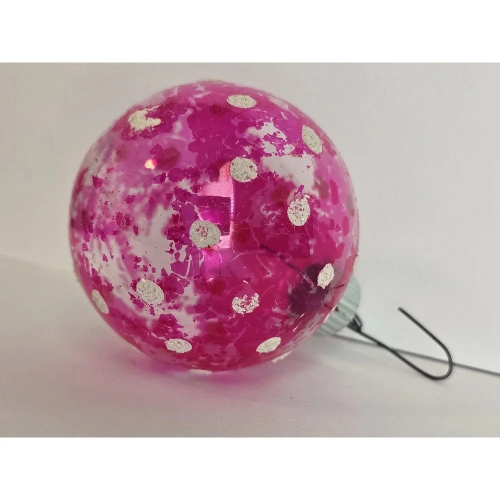 Vtg Shiny Brite Pink White Flocked UNSILVERED glass CHRISTMAS ORNAMENT Polkadot
